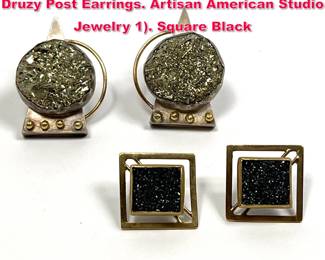 Lot 1722 2pr YUMI UENO Sterling Silver Druzy Post Earrings. Artisan American Studio Jewelry 1. Square Black 