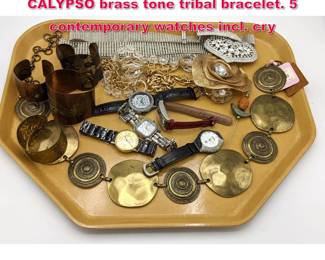 Lot 1914 14pc Costume Jewelry Lot. Incl. CALYPSO brass tone tribal bracelet. 5 contemporary watches incl. cry
