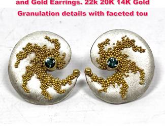 Lot 1768 CORNELIA GOLDSMITH Sterling and Gold Earrings. 22k 20K 14K Gold Granulation details with faceted tou