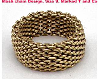Lot 1861 18k yellow gold TIFFANY Ring. Mesh chain Design. Size 9. Marked T and Co