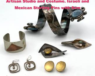 Lot 1903 6pc Contemporary Jewelry Lot. Artisan Studio and Costume. Israeli and Mexican Sterling Pins with Sem