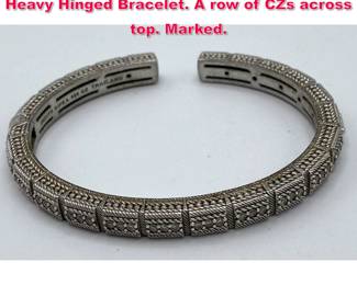 Lot 1952 JUDITH RIPKA Sterling Silver CZ Heavy Hinged Bracelet. A row of CZs across top. Marked. 