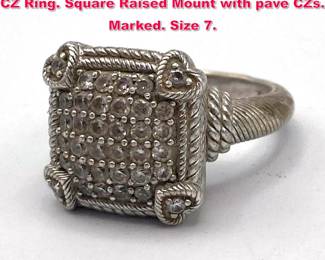 Lot 2004 JUDITH RIPKA Sterling Silver Pave CZ Ring. Square Raised Mount with pave CZs. Marked. Size 7.