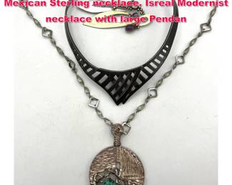 Lot 1756 3pcs Sterling Jewelry. Heavy Mexican Sterling necklace. Isreal Modernist necklace with large Pendan