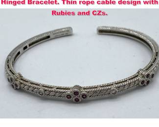 Lot 1950 JUDITH RIPKA Ruby Sterling Silver Hinged Bracelet. Thin rope cable design with Rubies and CZs. 