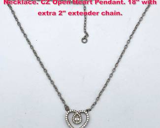 Lot 1929 JUDITH RIPKA Sterling Silver Necklace. CZ Open Heart Pendant. 18 with extra 2 extender chain. 