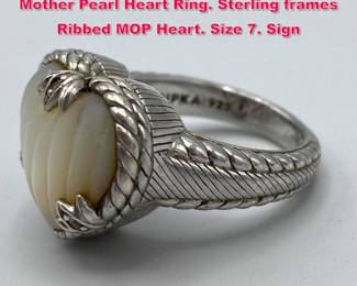 Lot 1970 JUDITH RIPKA Sterling Silver Mother Pearl Heart Ring. Sterling frames Ribbed MOP Heart. Size 7. Sign