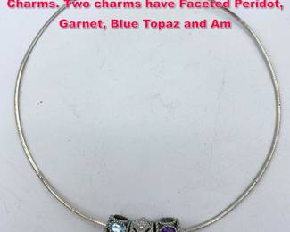 Lot 1925 JUDITH RIPKA Sterling Necklace. 3 Charms. Two charms have Faceted Peridot, Garnet, Blue Topaz and Am