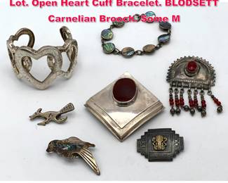 Lot 1808 7pc Sterling Silver Vintage Jewelry Lot. Open Heart Cuff Bracelet. BLODSETT Carnelian Brooch. Some M