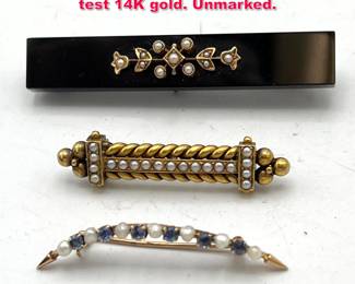 Lot 1834 3 antique seed pearl bar pins all test 14K gold. Unmarked. 