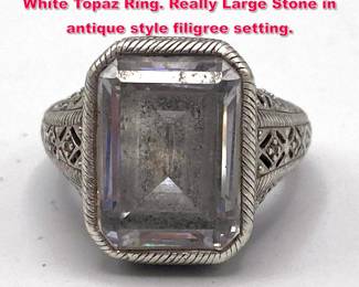 Lot 1991 JUDITH RIPKA Sterling Silver White Topaz Ring. Really Large Stone in antique style filigree setting.
