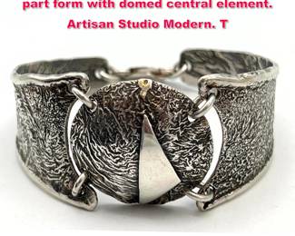 Lot 1804 Brutalist Sterling Silver Bracelet. 3 part form with domed central element. Artisan Studio Modern. T