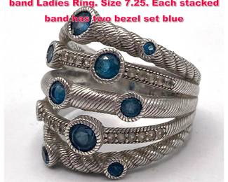 Lot 2005 JUDITH RIPKA Sterling Silver 5 band Ladies Ring. Size 7.25. Each stacked band has two bezel set blue