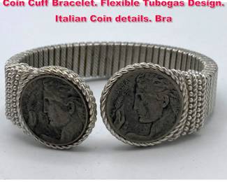 Lot 1956 JUDITH RIPKA Sterling Verona Coin Cuff Bracelet. Flexible Tubogas Design. Italian Coin details. Bra