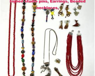 Lot 1918 Lot of Jewelry. Sterling necklace, signed studio pins, Earrings, Beaded necklaces, 