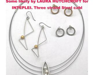 Lot 1895 4pc Modernist Studio Jewelry. Some likely by LAURA HUTCHCROFT for INTEPLEI. Three strand Steel cabl
