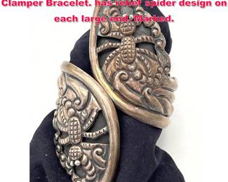 Lot 1886 Sterling TAXCO Mexican Hinged Clamper Bracelet. has relief spider design on each large end. Marked. 