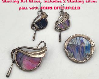 Lot 1709 3pc PAT CHENEY, LITCHFIELD Sterling Art Glass. Includes 2 Sterling silver pins with JOHN DITCHFIELD 