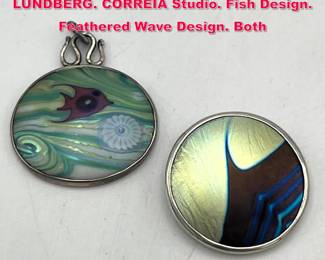 Lot 1762 2pc Sterling Art Glass Pendants. LUNDBERG. CORREIA Studio. Fish Design. Feathered Wave Design. Both 