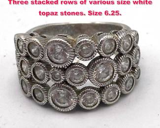 Lot 1993 JUDITH RIPKA Sterling Silver Ring. Three stacked rows of various size white topaz stones. Size 6.25.