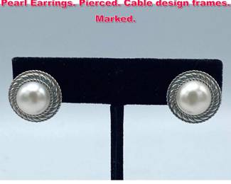 Lot 2024 PAIR JUDITH RIPKA Sterling Silver Pearl Earrings. Pierced. Cable design frames. Marked. 