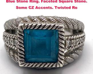 Lot 1986 JUDITH RIPKA Sterling Silver Pale Blue Stone Ring. Faceted Square Stone. Some CZ Accents. Twisted Ro
