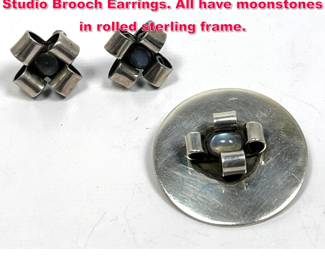 Lot 1712 SAM KRAMER Mid Century Modern Studio Brooch Earrings. All have moonstones in rolled sterling frame. 