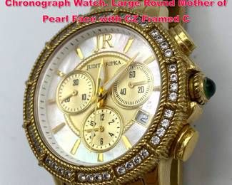 Lot 1969 JUDITH RIPKA GoldTone Stainless Chronograph Watch. Large Round Mother of Pearl Face with CZ Framed C