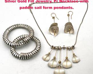 Lot 1896 4pc CAROLYN ZAKARIJA Sterling Silver Gold Fill Jewelry. Pr Necklace with paddle sail form pendants. 