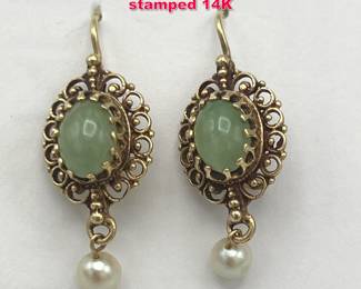 Lot 1845 Pr 14K jade and pearl earrings stamped 14K
