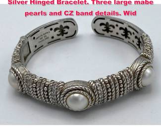 Lot 1951 JUDITH RIPKA Heavy Sterling Silver Hinged Bracelet. Three large mabe pearls and CZ band details. Wid