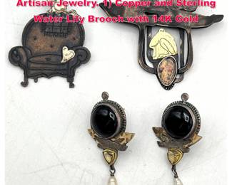 Lot 1763 3pc PAT GARRETT Mixed Metal Artisan Jewelry. 1 Copper and Sterling Water Lily Brooch with 14K Gold 