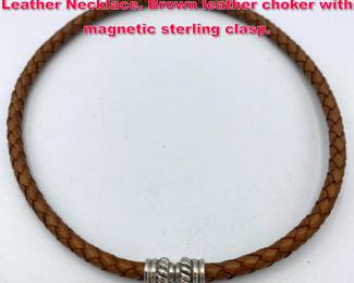 Lot 1957 JUDITH RIPKA Sterling Braided Leather Necklace. Brown leather choker with magnetic sterling clasp.