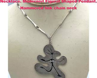 Lot 1809 Sterling Silver Mexican Pendant Necklace. Modernist Figural Shaped Pendant. Hammered link chain neck