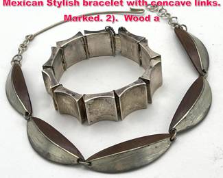 Lot 1885 2pc Modernist Artisan Jewelry. 1. Mexican Stylish bracelet with concave links. Marked. 2. Wood a