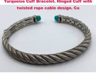 Lot 1941 JUDITH RIPKA Sterling Silver Turquoise Cuff Bracelet. Hinged Cuff with twisted rope cable design. Ca