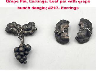 Lot 1754 Vintage GEORG JENSEN Sterling Grape Pin, Earrings. Leaf pin with grape bunch dangle 217. Earrings 