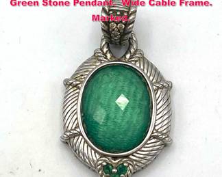 Lot 2027 JUDITH RIPKA Sterling Silver Green Stone Pendant. Wide Cable Frame. Marked. 