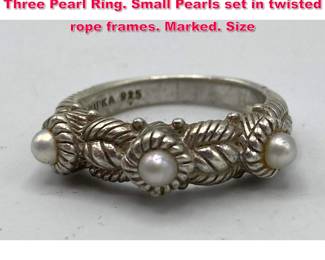 Lot 1983 JUDITH RIPKA Sterling Silver Three Pearl Ring. Small Pearls set in twisted rope frames. Marked. Size