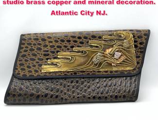 Lot 1832 Francine faux gator purse with studio brass copper and mineral decoration. Atlantic City NJ. 