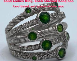 Lot 1987 JUDITH RIPKA Sterling Silver 5 band Ladies Ring. Each stacked band has two bezel set green stone acc