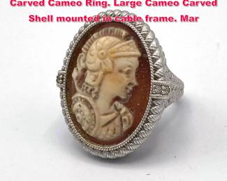 Lot 2012 JUDITH RIPKA Sterling Silver Carved Cameo Ring. Large Cameo Carved Shell mounted in cable frame. Mar