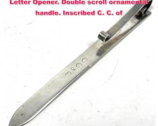 Lot 1780 CARTIER Handmade Sterling Silver Letter Opener. Double scroll ornamental handle. Inscribed C. C. of 