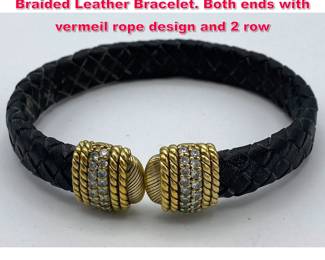 Lot 1955 JUDITH RIPKA Sterling Vermeil Braided Leather Bracelet. Both ends with vermeil rope design and 2 row