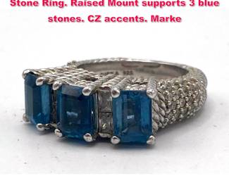 Lot 1996 JUDITH RIPKA Sterling Silver Blue Stone Ring. Raised Mount supports 3 blue stones. CZ accents. Marke