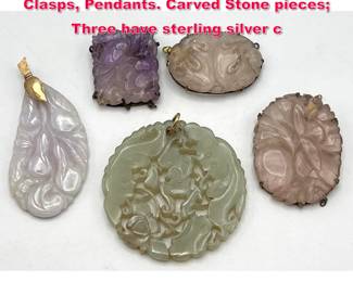 Lot 1815 5pc Carved Natural Stone Chinese Clasps, Pendants. Carved Stone pieces Three have sterling silver c