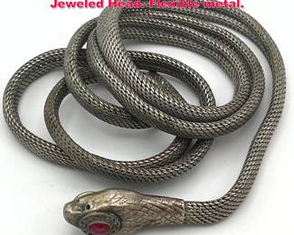 Lot 1755 Silvertone Vintage Snake Belt with Jeweled Head. Flexible metal. 