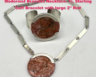 Lot 1735 2pc Sterling Silver Jasper Modernist Bracelet Necklace. 1. Sterling Cuff Bracelet with large 2 Red