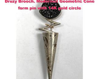 Lot 1716 YUMI UENO Sterling Silver Black Druzy Brooch. Modernist Geometric Cone form pin with 14K gold circle