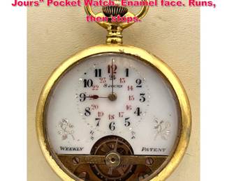 Lot 1818 Gold Plated Hebdomas Weekly 8 Jours Pocket Watch. Enamel face. Runs, then stops. 